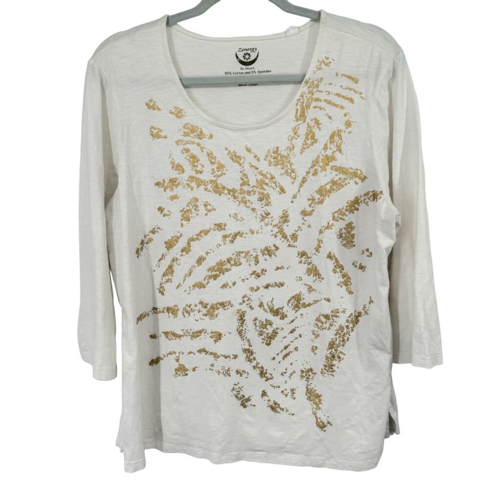 chico's 3 zenergy Womans White Long Sleeve Top Gold Foil Palm Print size XL